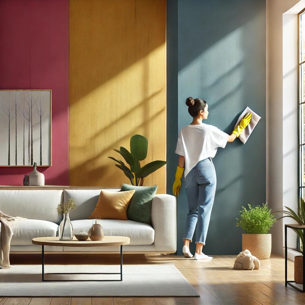 A clean, well-maintained living room with freshly painted vibrant walls. The room is bright and organized, with sunlight streaming through large windows. A homeowner is gently wiping a small stain off the wall with a soft cloth, emphasizing the importance of wall maintenance. Minimalist decor, including plants and a coffee table, complements the scene.