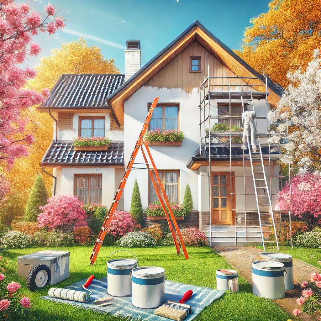 A cozy suburban house with its exterior freshly painted during a sunny spring or fall day. The scene features painter's equipment, including ladders, brushes, and paint cans, neatly arranged on the lawn. Blooming flowers or autumn leaves surround the home, emphasizing the ideal painting season, with bright skies and a freshly painted, smooth exterior.