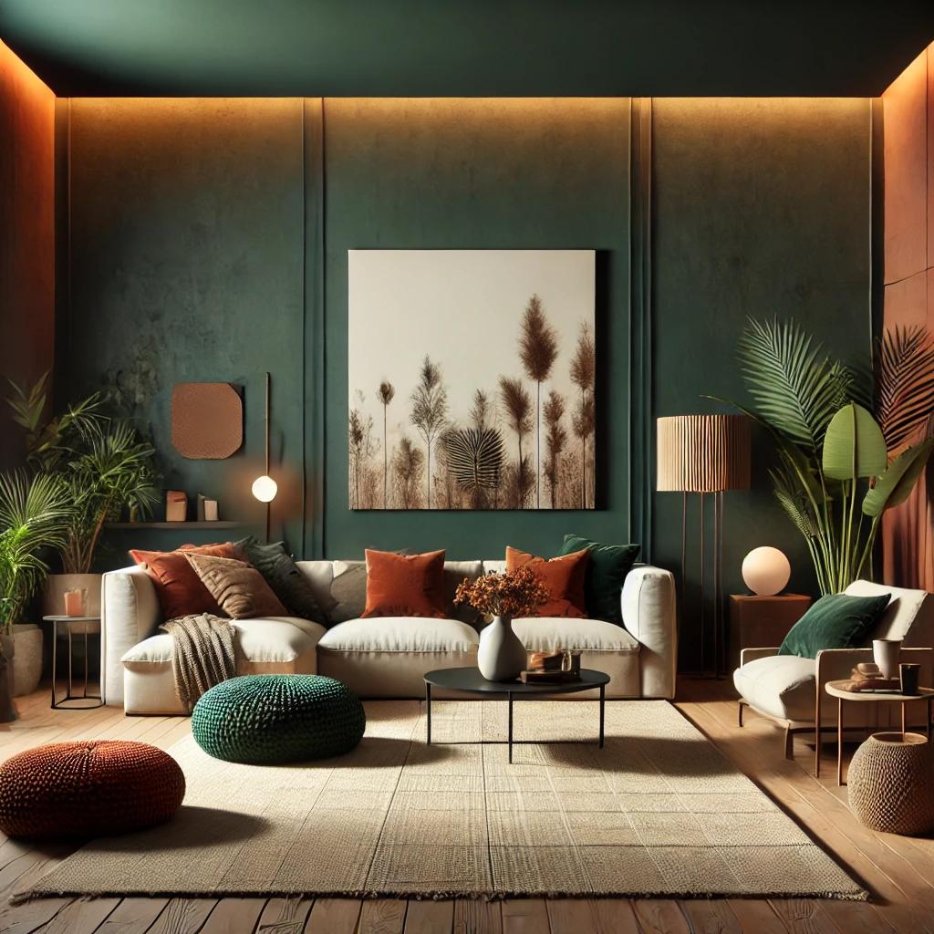 A modern living room featuring a bold accent wall painted in a rich color like emerald green or terracotta. The space is furnished with cozy seating, soft lighting, and decor that complements the accent wall, including indoor plants, textured rugs, and minimalist artwork. The atmosphere is warm, inviting, and elegant, highlighting the transformative effect of accent walls.