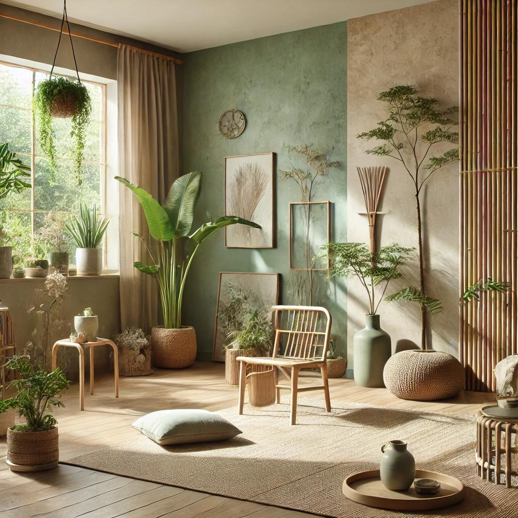 A modern, biophilic home interior featuring walls painted in soft, nature-inspired tones like sage green and earthy beige. The space includes large windows with sunlight streaming in, lush indoor plants, bamboo furniture, and organic textures like woven rugs and wooden decor. A small water feature or fountain enhances the tranquil and nature-connected atmosphere.