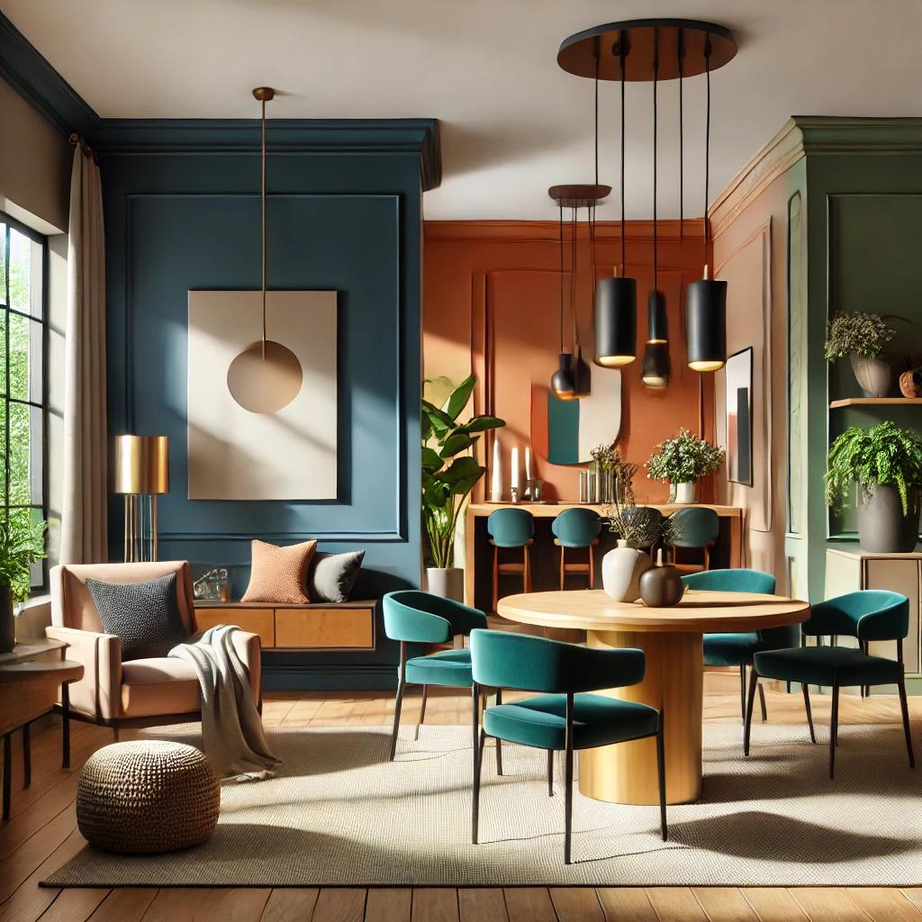 A modern home interior showcasing the top paint color combinations for 2025. The space features an accent wall in deep navy blue paired with warm taupe furnishings, a cozy nook with sage green walls and soft cream decor, and a bold dining area with burnt orange walls complemented by deep teal chairs. Natural light enhances the stylish and contemporary color palettes, creating a sophisticated and inviting ambiance.