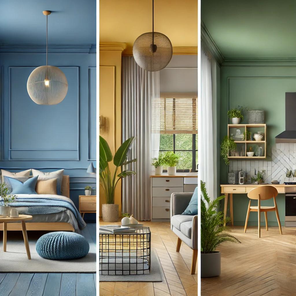A beautifully designed living space showcasing color psychology principles, featuring walls painted in calming blues for the bedroom, energizing yellows for the kitchen, and productivity-boosting green for the home office. Natural lighting enhances the ambiance, complementing the decor in each space.