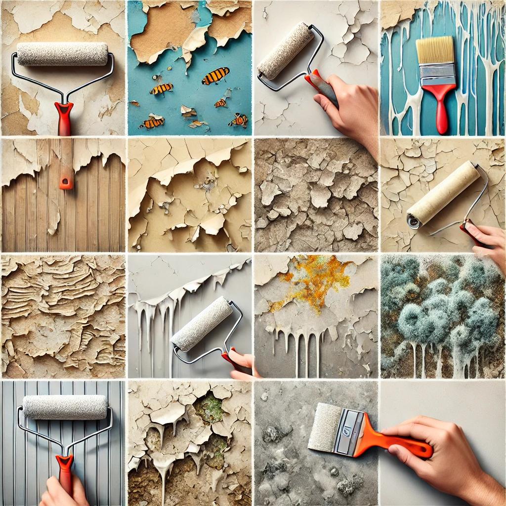 A close-up of a painted wall showing various common paint problems, including peeling paint, bubbling, streaks, and mold growth. A painter's hand is seen using a scraper to repair a peeling section, demonstrating the process of fixing paint issues.