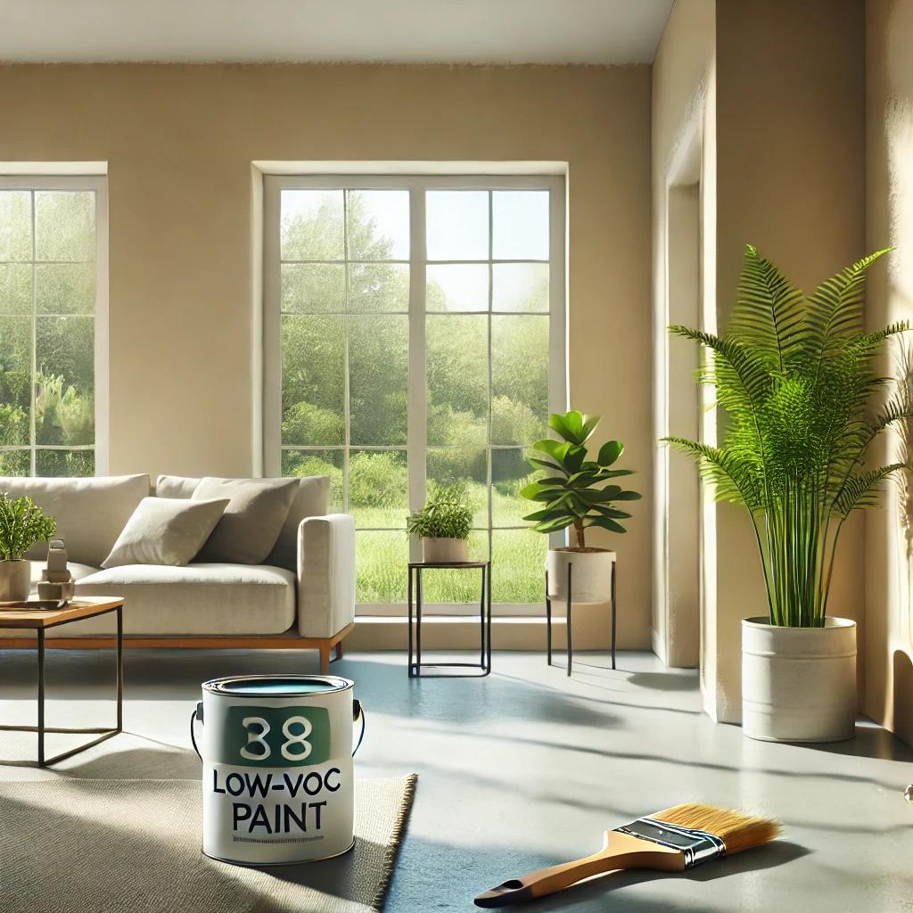 A modern, eco-friendly home interior with freshly painted walls in a soothing natural color using non-toxic, eco-friendly paint. The room is filled with natural sunlight streaming through large windows, potted plants, minimalistic furniture, and a painter’s brush next to a low-VOC paint can, emphasizing sustainability and a healthy living environment.