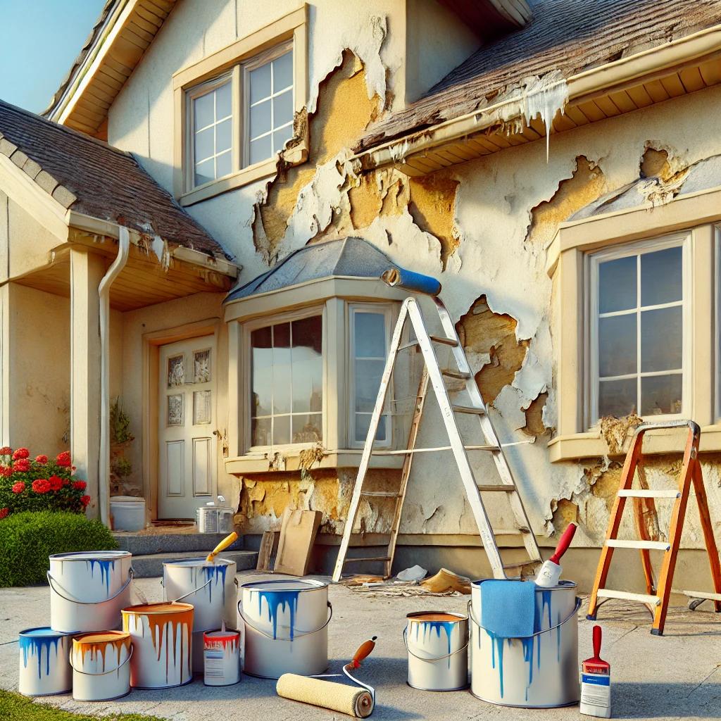 A suburban house with visible exterior paint issues, including peeling, cracking, and faded sections. Small cracks in the caulking near windows and doors are highlighted. The scene features a sunny day, a painter’s ladder, brushes, and cans of paint ready for a repainting project.