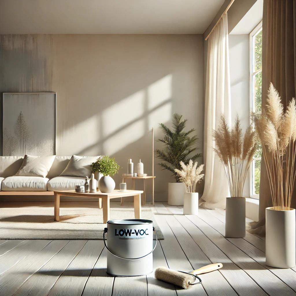 A modern home interior with freshly painted walls using low-VOC, eco-friendly paint in a soft, neutral tone. The room is filled with natural sunlight from large windows, featuring minimalist furniture and indoor plants. A low-VOC paint can and brush are nearby, highlighting a sustainable and health-conscious living space.