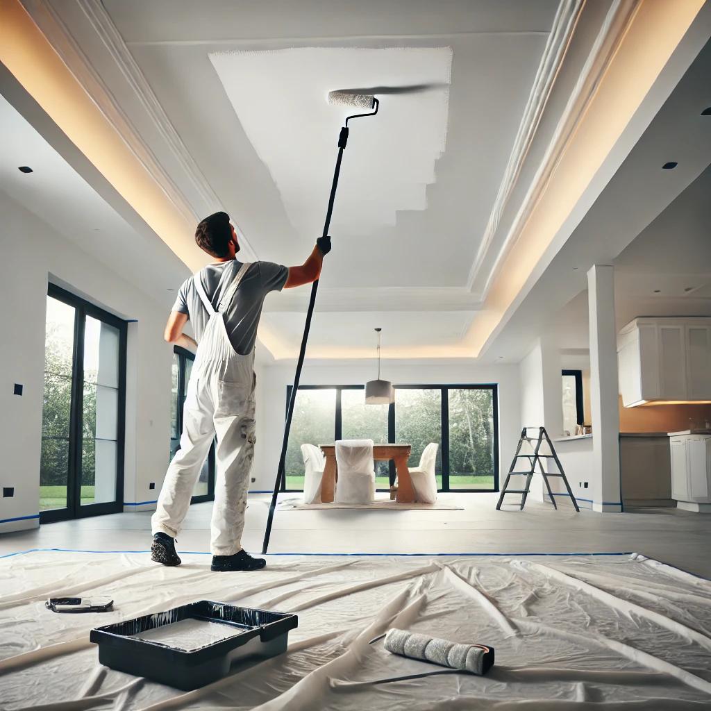 A professional painter using a roller with an extension pole to apply white ceiling paint in a modern home. The painter is working in a well-lit space with drop cloths covering the floor, and painter's tape lining the walls. The scene highlights an even application of paint, with a clean and refreshed ceiling.