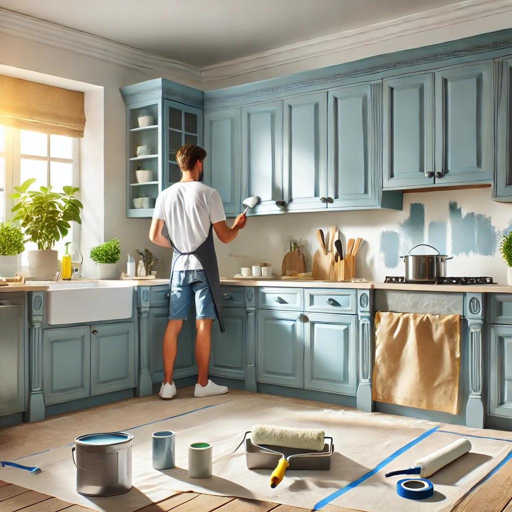 A bright and modern kitchen with freshly painted cabinets in a stylish color. The cabinets have a smooth, professional finish, with a homeowner using a brush and foam roller to apply paint. The workspace is clean and organized, featuring painter's tape, drop cloths, and neatly arranged painting tools. Natural light highlights the refreshed and updated kitchen look.