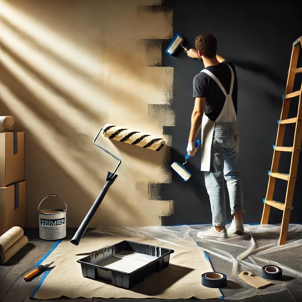A step-by-step painting scene showing a homeowner painting over a dark-colored wall with a light shade. The setup includes a high-quality roller, a paint tray with primer, and painter's tape securing the edges. A ladder, drop cloths, and painting tools are neatly arranged, highlighting a well-prepared project with bright, even lighting.