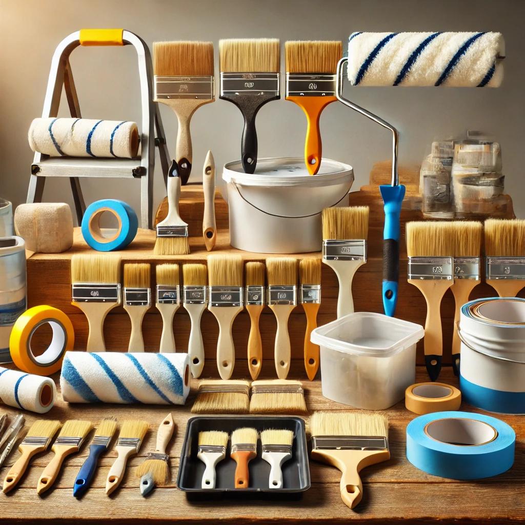 A neatly arranged collection of essential painting tools on a wooden surface, including high-quality paintbrushes, rollers, painter's tape, paint trays, drop cloths, extension poles, and a sturdy ladder. Natural lighting highlights the clean and organized workspace, ready for a home painting project.
