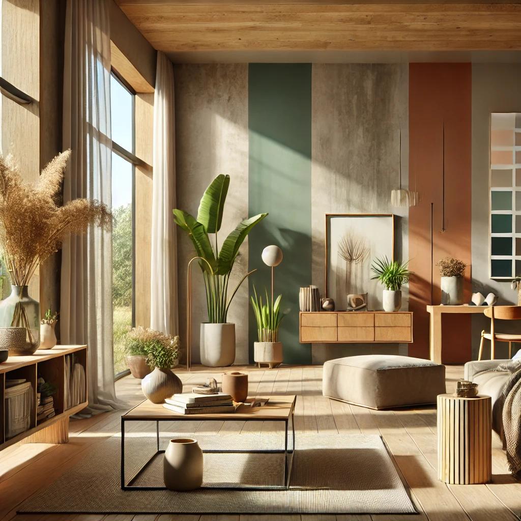 A modern home interior showcasing the 2025 paint design trends, featuring a mix of earthy tones like terracotta and warm browns, complemented by soft greens and muted blues. The space includes natural decor elements such as indoor plants, wooden furniture, and stone accents, with sunlight streaming through large windows, creating a warm and nature-inspired ambiance.