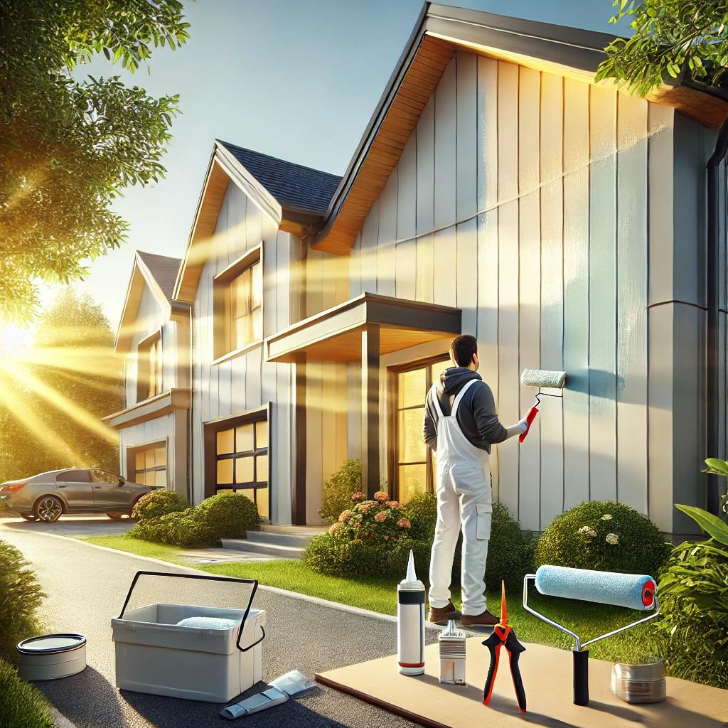 A modern home with a beautifully painted exterior, protected from harsh weather conditions. The scene features a bright, clean facade with sunlight reflecting off durable, weather-resistant paint. A homeowner or painter is inspecting the siding for maintenance, with tools like a paint roller, caulk gun, and cleaning brush nearby. The environment includes lush greenery and a well-maintained driveway, highlighting a well-protected home exterior.