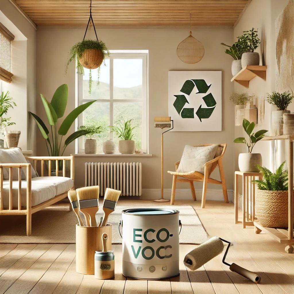 A modern room showcasing an eco-friendly painting project with walls painted in a soft, neutral tone using low-VOC, sustainable paint. The space features bamboo furniture, indoor plants, and recycled wall art. A paint can labeled 'eco-friendly' sits next to reusable brushes and rollers, all illuminated by natural sunlight streaming through large windows, highlighting the clean and healthy environment.